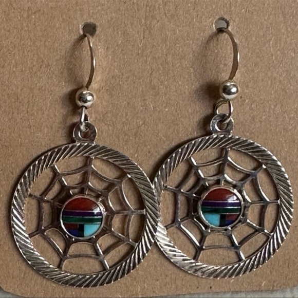 Native Artisan Sterling Silver Spider Web Earrings - Picture 8 of 10